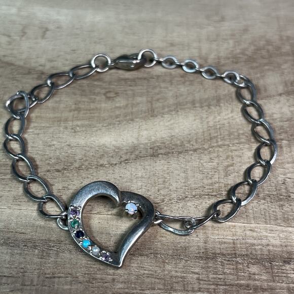 Vintage Lenox Love Heart Oval Link Sterling Silver 925 Multi-Gemstone Bracelet - Picture 1 of 11